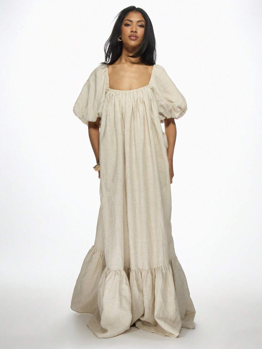MISSGUIDED 极端音量泡芙袖挤奶女工工作服马克西连衣裙亚麻混合夏季海滩度假村波西米亚婚礼客人草原风格声明连衣裙 - 杏色 - 查看 1