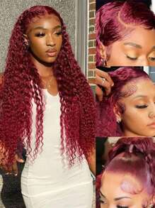 Perruque de cheveux humains à lacets frontaux bouclés frisés Bordeaux 99J 13x4, perruque à lacets frontaux transparents de couleur vin rouge 99j bouclée 13x4 pour femmes