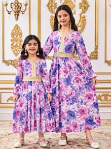 SHEIN Tween Girls Floral Print Gold Ribbon Flutter Sleeve Long Sleeve Dress - Purple - View 5