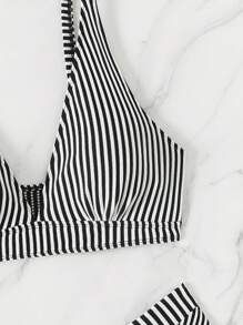 SHEIN Swim Striped Tankini Bikini Set For Beach Vacation For Summer - Black and White - View 5