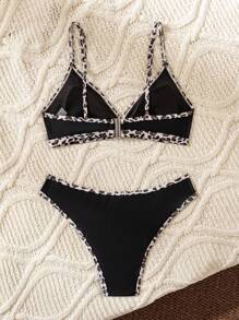 Women 2pcs/Set Khaki Solid Leopard Trim Bikini Set For Summer, For Summer Beach Vacation - Multicolor - View 5