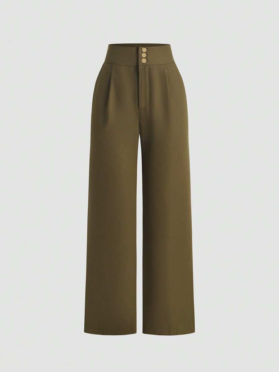 SHEIN Clasi Women Casual Versatile Solid Color Straight Leg Pants - Khaki - View 1
