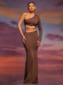 Hauture One Shoulder Cut Out Metal Stone Trim Maxi Dress - Brown - View 4