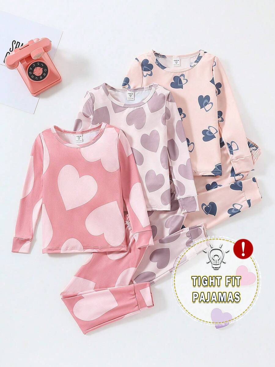 3pcs Young Girl Cute Heart Print Casual Long Sleeve Top And Pants Set, Snug Fit - Multicolor - View 1