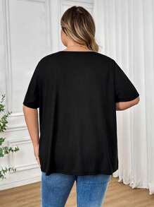 SHEIN CURVE+ 大码女式拼色条纹贴片 T 恤 - 黑與白 - 查看 2