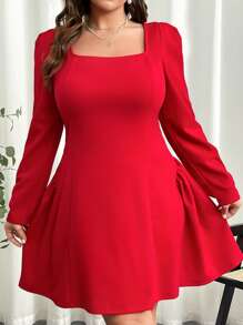 SHEIN Privé Robe moulante avec volants et manches longues, amour de la Saint-Valentin, soirée de rendez-vous élégante, mini-robe rouge unicolore en forme de A à manches bouffantes, sexy et gracieuse