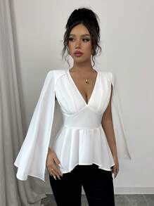 Elenzga 女士 V 领前褶皱收腰喇叭下摆衬衫裹身裙