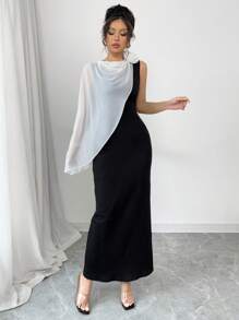 Elenzga Đầm dài in hoa có cổ khăn choàng - màu đen - Xem 3