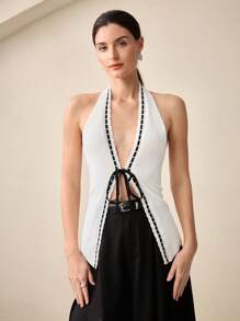 BizChic Women's Elegant Halter Neck Sleeveless Black Tie-Up Knit Vest Top, Spring & Summer