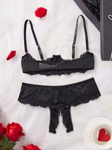 2 件套女士蝴蝶结装饰性感钢圈文胸套装，坏蛋造型 - 黑色 - 查看 2