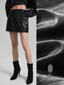 Ontre 90s Women's Fashion 2025 Spring New Arrival Ladies Black PU Embossed Material Short Skirt, Daily Wear, Versatile, Minimalist Fashion Bottom - Black - View 2
