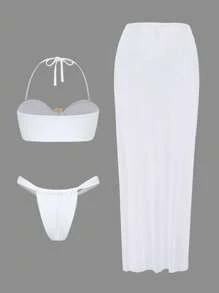 Swim Oasis 3 件套女士纯色优雅性感金属配饰海滩派对泳装，包括长丁字裤比基尼和沙滩裙，春假度假装 - 白色 - 查看 2