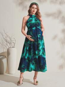 SHEIN Maternity Stand Collar Sleeveless Floral Print Casual Mini Dress - Multicolor - View 3