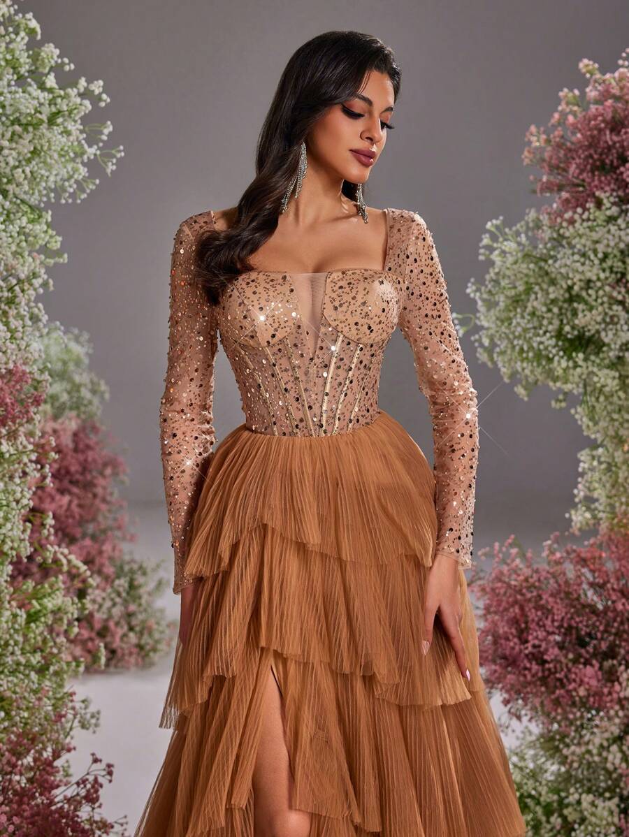 Glamrae 优雅卡其色奢华亮片对比网眼透明长袖紧身胸衣，搭配奢华笼状分层美人鱼下摆、侧高开衩、可调节系带后背、正式晚礼服 - 卡其色 - 查看 1