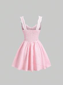 Sweetra 法式少女粉色格子蕾丝边细肩带 V 领收腰性感洛丽塔 A 字裙女装 - 粉色 - 查看 2