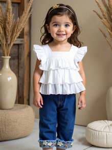 SHEIN 女宝宝无袖白色上衣搭配牛仔裤套装，简约风格图案，适合日常外出、公园游玩、休闲居家、校园生活，春夏 - 彩色 - 查看 8