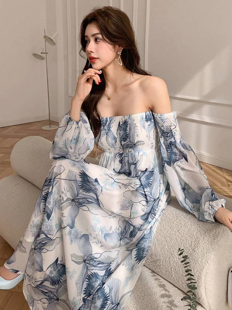Floral Off Shoulder Midi Dress For Women,Milkmaid Dress,Fall Dress Long Sleeve Dress Boho
