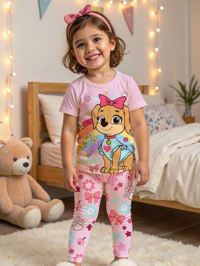 SHEIN Quần dài tay ngắn cổ tròn dễ thương cho bé gái, phù hợp với mọi mùa