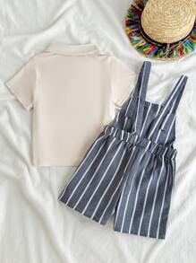 SHEIN Young Boys Spring Casual Solid Color Polo Collar Loose Comfy Sweater & Stripe Elastic Waist Pants 2 Pieces Outfit - Multicolor - View 6