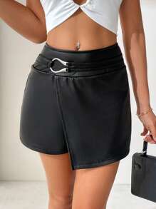 Chiquease Solid Color Asymmetrical Hem Faux-Leather Decor Women Shorts