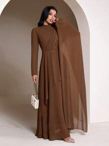 Veilorie Women's Solid Color Long Sleeve Ruffle Trim Pleated Elegant Dress Modest - Coffee - View 3