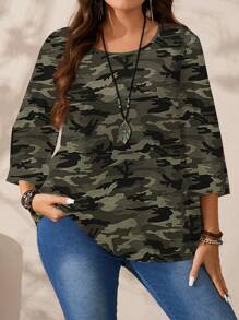 EMERY ROSE Plus Size Women Camouflage Pattern Printed Casual Loose Fit 3/4 Sleeve Blouse, Suitable For Spring & Summer Fall Clothes Chic Blouses For Women - Army Green - View 7