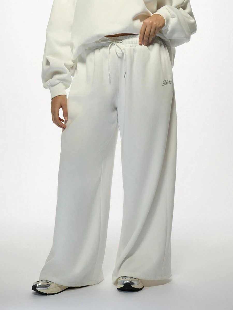 MISSGUIDED PLUS Plus Size Oversized Wide Leg Bride Sweatpants Lounge Pants Wedding Day Getting Ready Bridal Party Joggers Cozy Drawstring Casual Comfort Wear - White - View 1