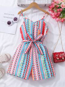 青少年女孩度假风格彩虹几何条纹全印花连体裤（配腰带）