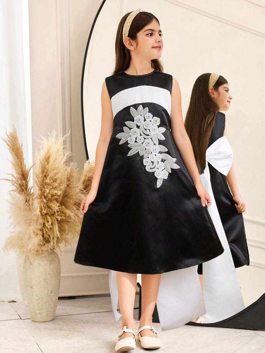 SHEIN Leap Crew Tween Girls' Elegant Open Back Big Bow Decor Round Neck Sleeveless Dress, Party Wear - Black and White - View 1