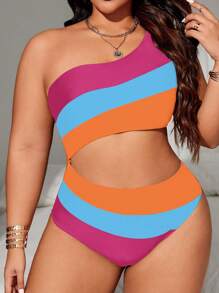 SHEIN Swim Curve Plus Size Women's Color Block Cutout Sexy Casual Vacation Jumper Swimsuit