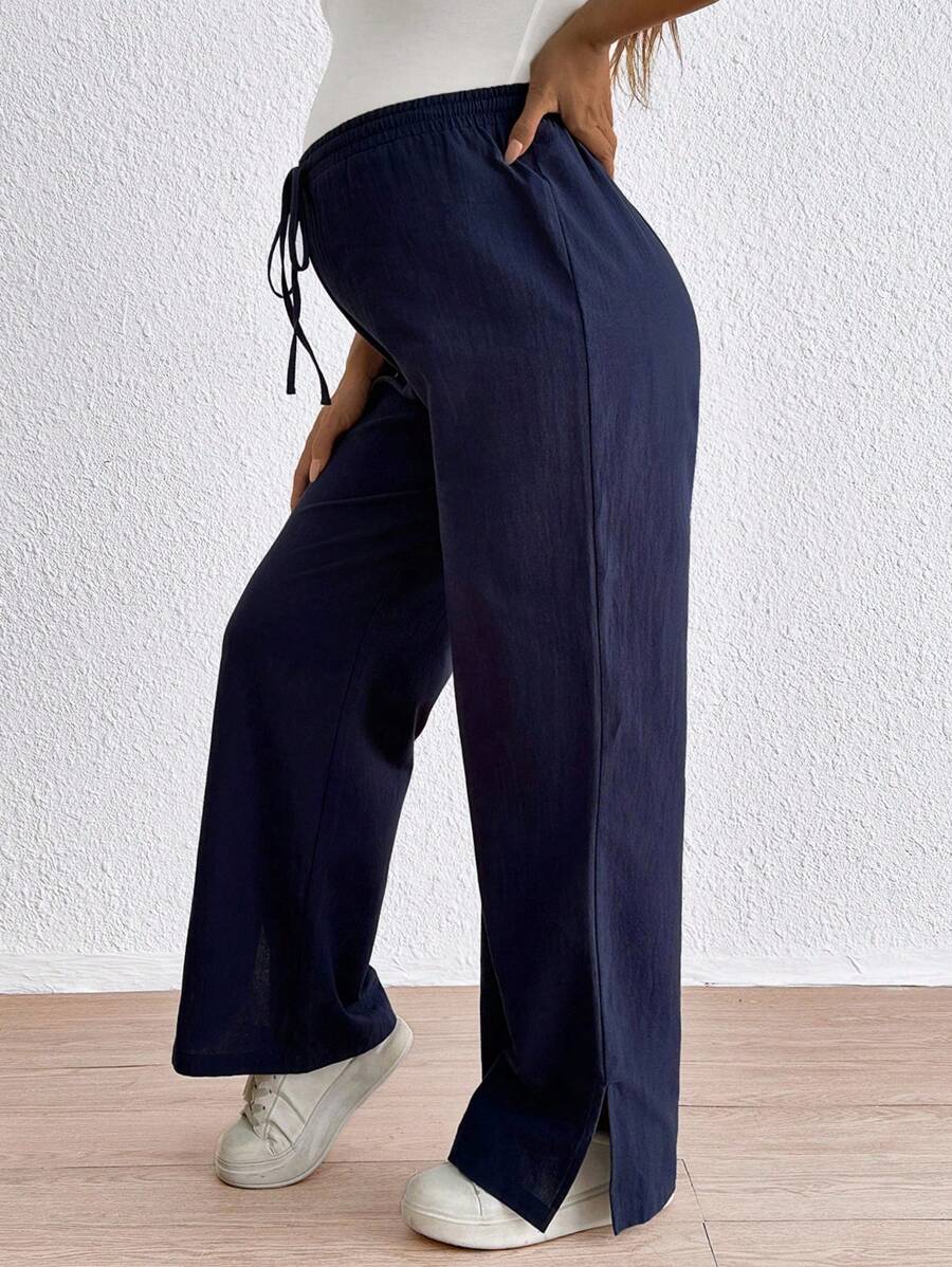 SHEIN Mulheres grávidas frente lisa gravata minimalista casual calças compridas, uso diário - Menta verde - Ver 1