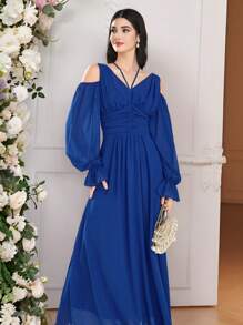 Modelyn Women's Solid Color Long Sleeve Long Dress, Simple Fashionable Casual Everyday Wear - Blue - View 5