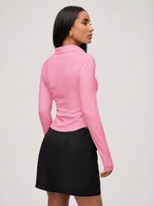SHEIN BASICS Casual Solid Color Knitted Lapel Partial Button Down Long Sleeve Ruched Side Women Top - Pink - View 2
