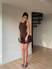 Aloruh 咖啡色荷叶边网眼下摆无袖迷你连衣裙，时尚女装 - 咖啡棕 - 查看 5