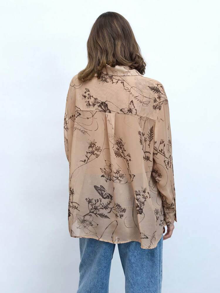 SHEIN Maija Women's Khaki Floral Print All-Match Chiffon Blouse, Modern Casual Bohemian Style, Loose Fit, Lightweight For Spring & Summer, Button Front, Suitable For Music Festivals, Cruises & Ibiza