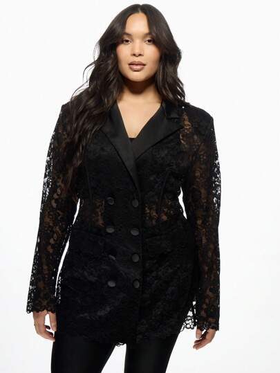 MISSGUIDED PLUS Lace Double-Breasted Blazer Plus Size Dress With Satin  LapelMISSGUIDED