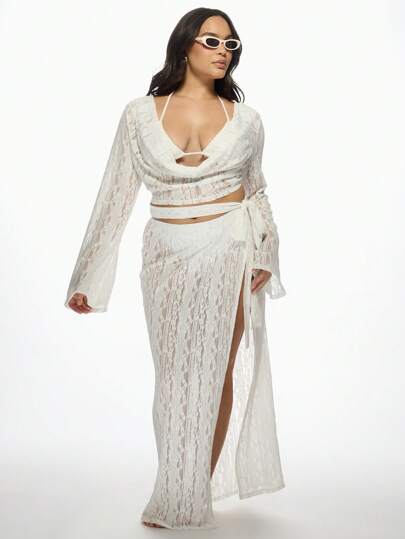 MISSGUIDED PLUS Conjunto de playa de novia talla grande de dos piezas con top corto de cuello cowl y mangas de campana largas, falda maxi envolvente de estilo bohemio para resort, vacaciones de verano y luna de miel