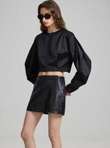 Ontre 90s Women's Fashion 2025 Spring New Arrival Ladies Black PU Embossed Material Short Skirt, Daily Wear, Versatile, Minimalist Fashion Bottom - Black - View 7