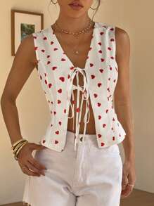 SHEIN Unity Resort Style Heart Textured Fabric Tie-Front Sleeveless Tank Top For Women - White - View 6