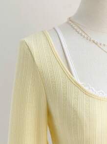 Soleia Áo thun dệt kim họa tiết 2 trong 1 cổ ren chắp vá tay dài màu hồng cho kỳ nghỉ của phụ nữ, thời trang - Màu vàng - Xem 5