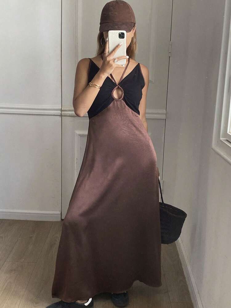 Women's Colorblock Lace-Up Hollow Out Back Dress, Spring/Summer Vacation Long Dress,Casual Women Dresses