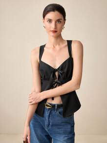 BizChic Blusa casual con cordones y volantes con correa desmontable para mujer, para oficina y uso diario, primavera/verano
