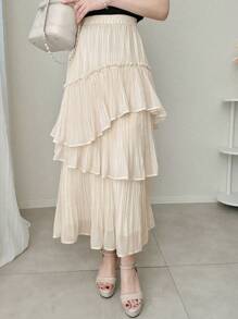FRIFUL 女士杏色褶皱荷叶边不对称半身裙，春秋季半身裙 - 杏色 - 查看 3