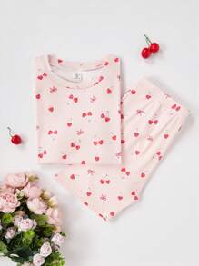 2 件装少女可爱樱桃印花短袖上衣和短裤睡衣套装