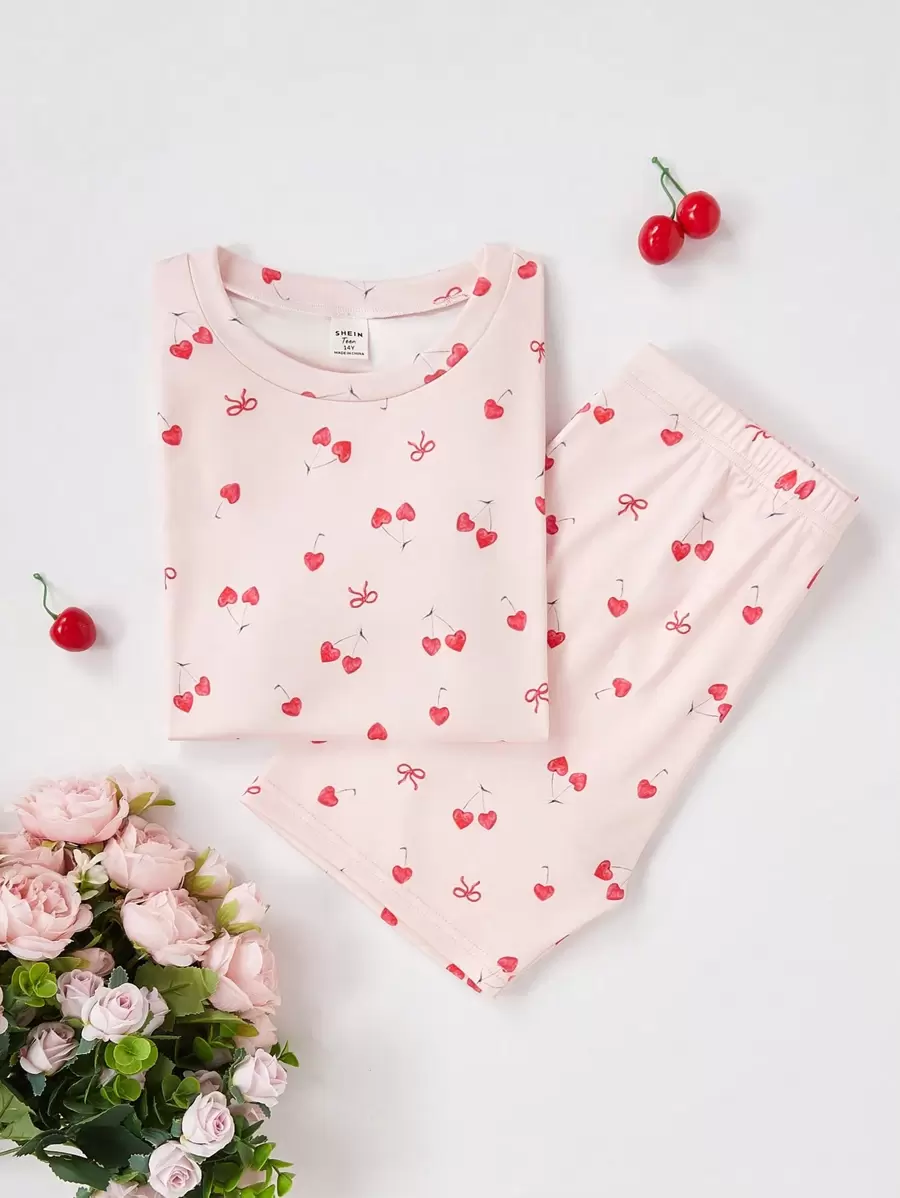 2 件装少女可爱樱桃印花短袖上衣和短裤睡衣套装