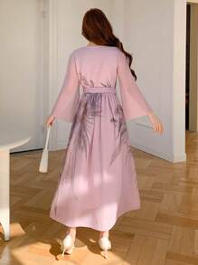 DAZY V-Neck Floral Print Belted Mid-Length Dress For Women,Fall Dress Long Sleeve Dress Easter - Purple - View 2