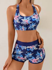 Swim Lushoire Springbreak 女士热带花卉印花比基尼三件套（带短款上衣） - 藍色 - 查看 5