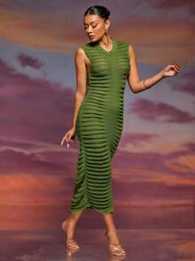 Hauture Semi Sheer Textured Short Sleeve Knit Sweater Dress - Army Green - View 5