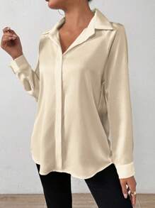 EMERY ROSE Women Plain Satin Simple Shirt, Asymmetric Hem Fall Cloth For Women - Apricot - View 3
