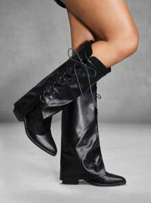 CUCCOO SZL Fashionable Black Side Lace-Up Thigh High Boots, For Holidays, Music Festival For Spring Shoes Spring Break Easter For Christmas - Black - View 7